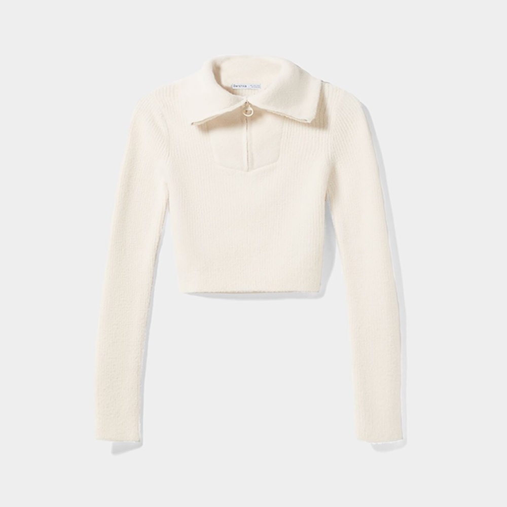 Bershka Rib Sweater with High Collar and Zip